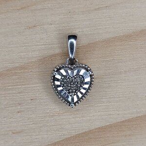 Vtg Sterling Silver Heart & Diamond Accent Pendant Pavé Design & Open Back 0.5"